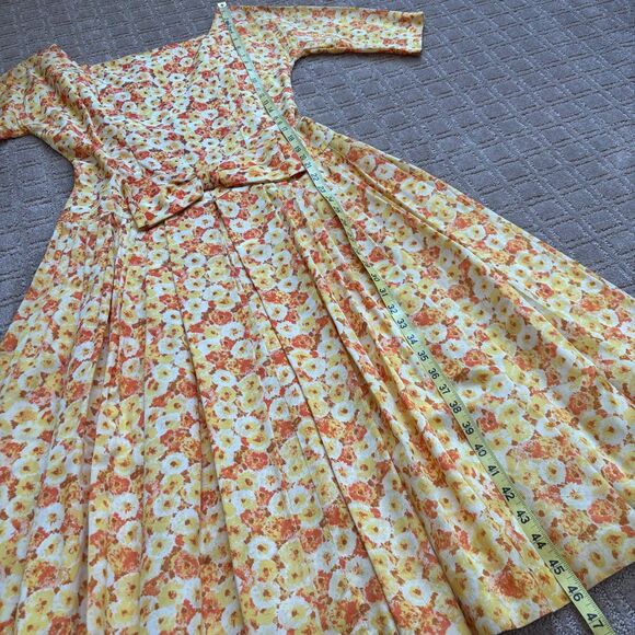 VTG Spring Floral Party Dress Bow Women's 15 / 6 Yellow Orange 1950s 60s Cottage - Picture 9 of 10